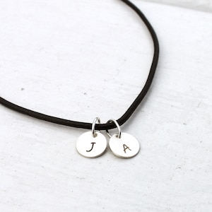 Sterling silver personalized necklace for men women Initial charms Black leather Handmade jewelry