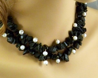 Raw stone choker Black tourmaline necklace for women Rough gemstone jewelry with pearls