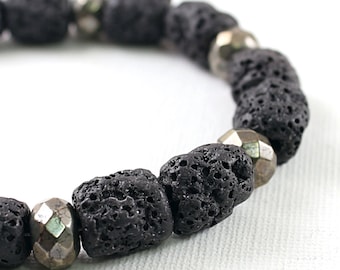 Mens bracelet Black beads essential oil diffuser Male pyrite and large lava bracelet