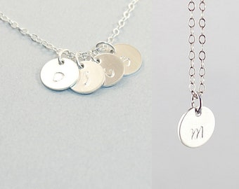 925 sterling engraved initial necklace Silver personalized necklace for women men Small disc clear shiny chain