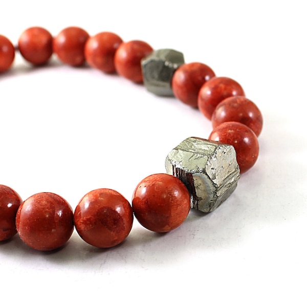 Real coral necklace for women Raw pyrite chunky statement jewelry Red stones Genuine
