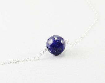 Sterling silver and lapis lazuli necklace for women Short choker Genuine blue stone jewelry Minimalist ball pendant