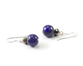 Blue lapis lazuli earrings Sterling silver Natural pyrite dangles