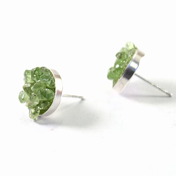 Raw stone stud earrings: sterling silver green peridot studs, real gemstone posts, silver studs, raw gemstone August birthstone