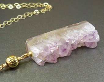 Raw amethyst druzy necklace Gold filled chain Natural stalactite pendant