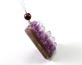 Raw amethyst necklace Sterling silver and pearl druzy necklace Purple natural stone pendant for women