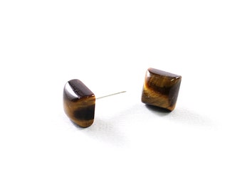 Tiger's eye stud earrings sterling silver brown gemstone studs, square natural tigers eye