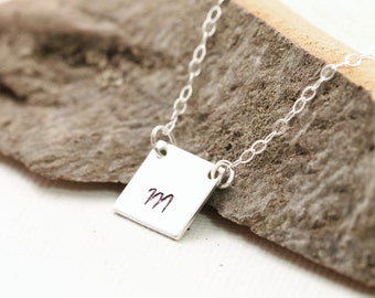 Personalized necklace for men Silver initial necklace Square pendant engraved Sterling silver chain