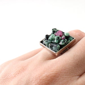 Natural green raw gemstone ring Sterling silver rough stone ruby zoisite cocktail ring for women Unique image 1