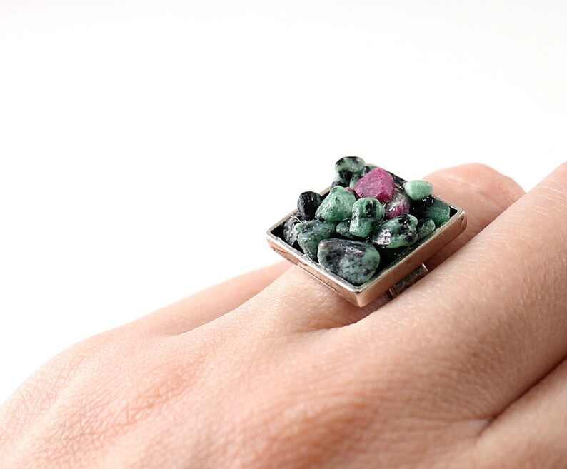 Natural green raw gemstone ring Sterling silver rough stone ruby zoisite cocktail ring for women Unique image 1