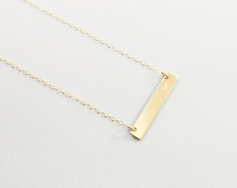 Personalized gold initial necklace Engraved letter Skinny bar necklace 14k gold filled jewelry