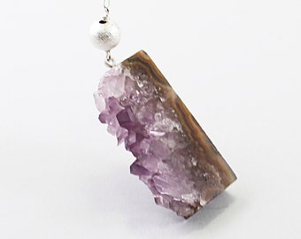 Long druzy necklace Amethyst pendant for women Sterling silver chain