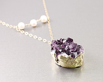 Raw amethyst druzy necklace 14K gold filled chain White pearls necklace For women