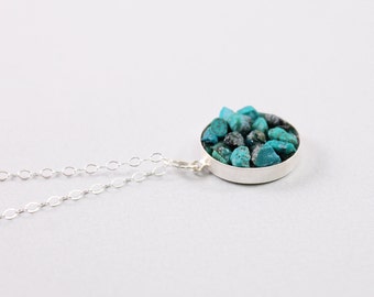 Real turquoise necklace Sterling silver rough gemstone pendant for women Short or Long chain 30 32 34"