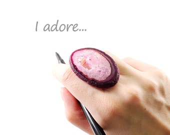 Statement agate druzy ring Sterling silver pink agate geode ring for women Adjustable band Modern design