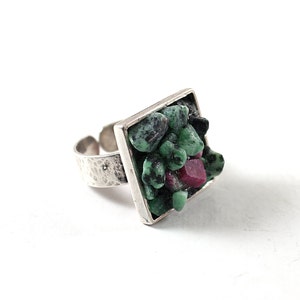 Natural green raw gemstone ring Sterling silver rough stone ruby zoisite cocktail ring for women Unique image 2