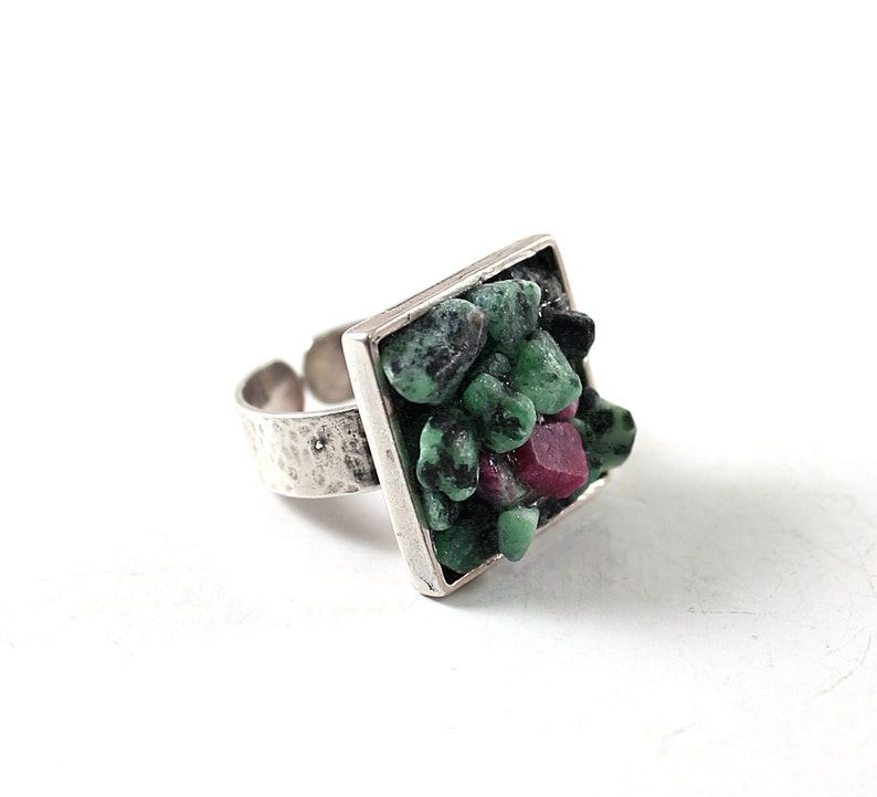 Natural green raw gemstone ring Sterling silver rough stone ruby zoisite cocktail ring for women Unique image 2