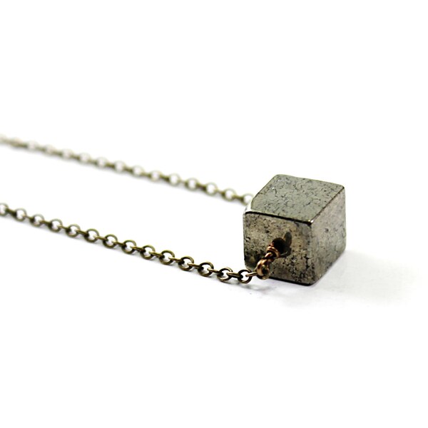 Natural stone necklace: pyrite necklace, geometric, cube necklace metallic industrial chic grey gray like steel urban