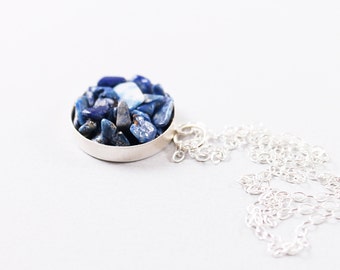 Unique blue lapis lazuli necklace Sterling silver chain and natural gemstone pendant for women