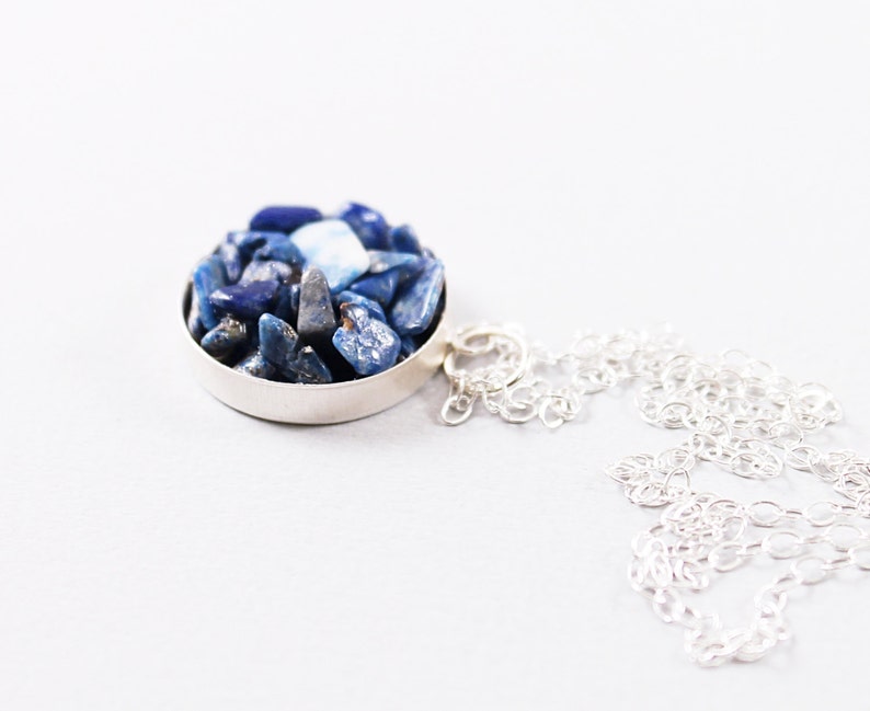 Unique blue lapis lazuli necklace Sterling silver chain and natural gemstone pendant for women image 1