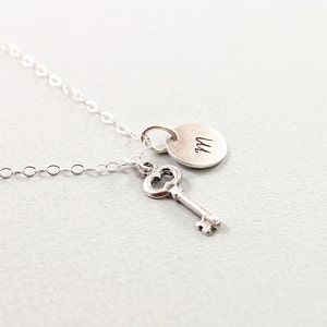 Personalized key necklace Sterling silver initial pendant and chain Hand stamped For men and women