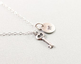 Personalized key necklace Sterling silver initial pendant and chain Hand stamped For men and women