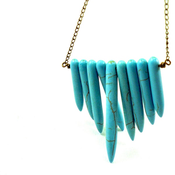 Turquoise necklace: blue howlite turquoise sticks, brass chain, primitive, Native American inspired tribal necklace for women gifts