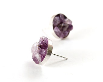 Amethyst stud earrings, raw crystal cluster earrings, sterling silver purple gemstone jewelry