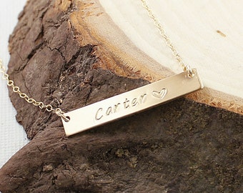 Engraved nameplate necklace Gold filled personalized name bar necklace for women Hand stamped rectangle