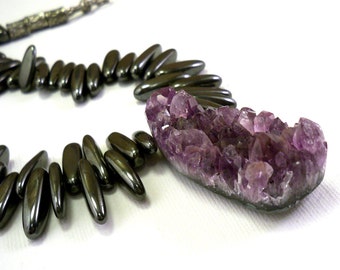 Hematite spikes and amethyst druzy necklace for women Natural gemstone choker