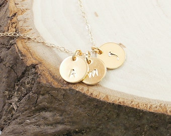 Custom made jewelry: 14k gold filled personalized jewelry three initials necklace monogram charm personalized necklace gold filled discs
