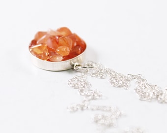 Orange carnelian necklace for women Sterling silver and natural crystal pendant Short or long chain 15 inches 16 17 19 22 24 30 32