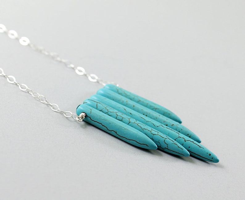 Howlite turquoise necklace for women Sterling silver spike necklace Blue stones image 3