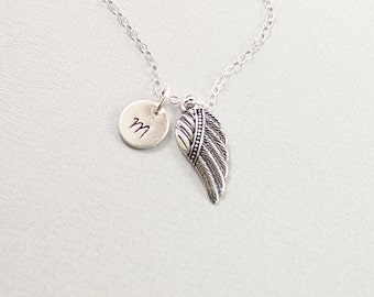 Angel wing necklace Sterling silver personalized initial necklace for women Memorial jewelry remembrance