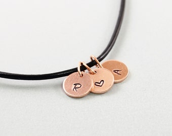 Personalized necklace for men and women Custom heart and two initial couple necklace Leather, copper and bronze