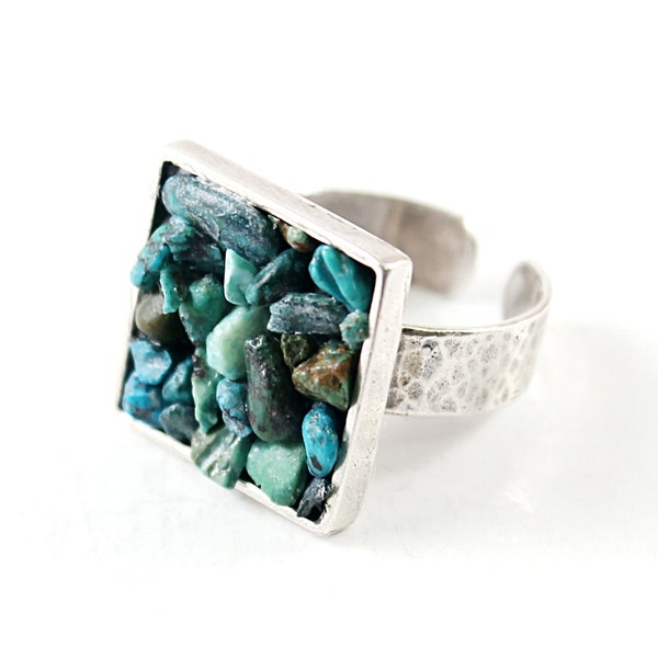 Real turquoise ring Sterling silver adjustable band and genuine gemstones For women