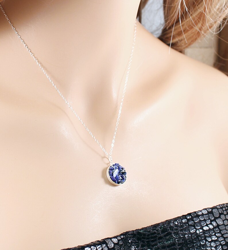 Unique blue lapis lazuli necklace Sterling silver chain and natural gemstone pendant for women image 2