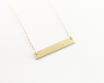 Engraved heart necklace 14K gold filled Hand stamped horizontal bar Personalized jewelry for women