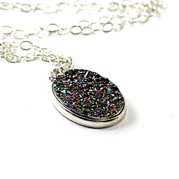 Druzy necklace: drusy agate stone, sterling silver chain, bold druzy handmade fashion shiny necklace for women colorful sparkling gray grey
