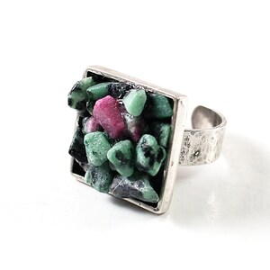 Natural green raw gemstone ring Sterling silver rough stone ruby zoisite cocktail ring for women Unique image 3