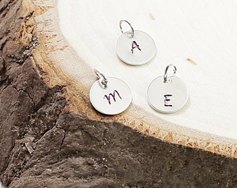 Hand stamped initial charm Sterling silver engraved pendant for men women Oxidized small personalized