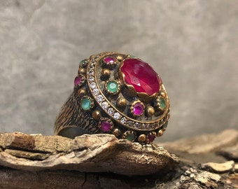 Emeralds Rubies clear zircons high Sterling silver bronze vintage statement ring.