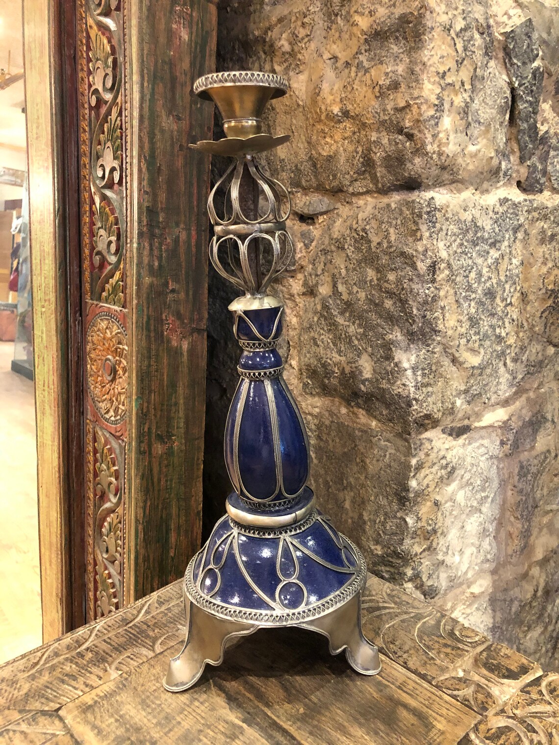 Moroccan candle holder blue large candlestick vintage candle Etsy