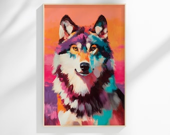 Colorful Wolf Portrait Painting Wall Art, Vibrant Animal Artwork, Modern Rustic Decor, Bold Brush Style, Boho Nature Theme, Large Canvas Art