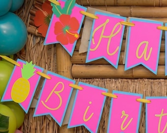 Hawaiian Birthday Banner, Hibiscus Pineapple Luau Party Decor