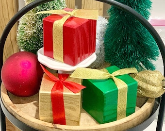 Handcrafted Wooden Christmas Present Tiered Tray Decor, Set of 3
