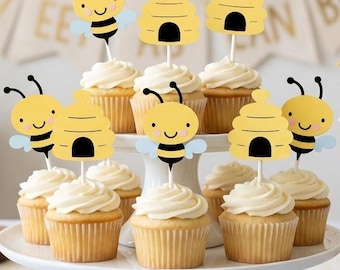 Mommy to Bee Cupcake Toppers, Bee Party Decorations, Set of 12