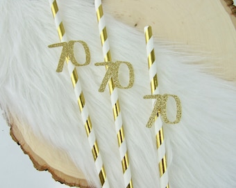 70th Birthday Straws: Gold Glitter Party Decorations (Set of 12)
