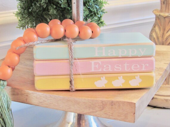 Wood books, Set of 3, Easter Decorations, Farmhouse Decor, mini book stack, Happy Easter Book Set Il_570xn