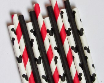 Mickey Ear Straws, Mouse Party Straws, Black and Red Party Straws, Mouse Party Straws, Boy Themed Party Straws